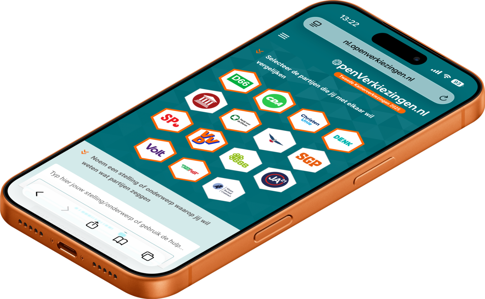 OpenVerkiezingen.nl op een iPhone — de kiezer kiest zelf een onderwerp en vergelijkt wat partijen erover zeggen