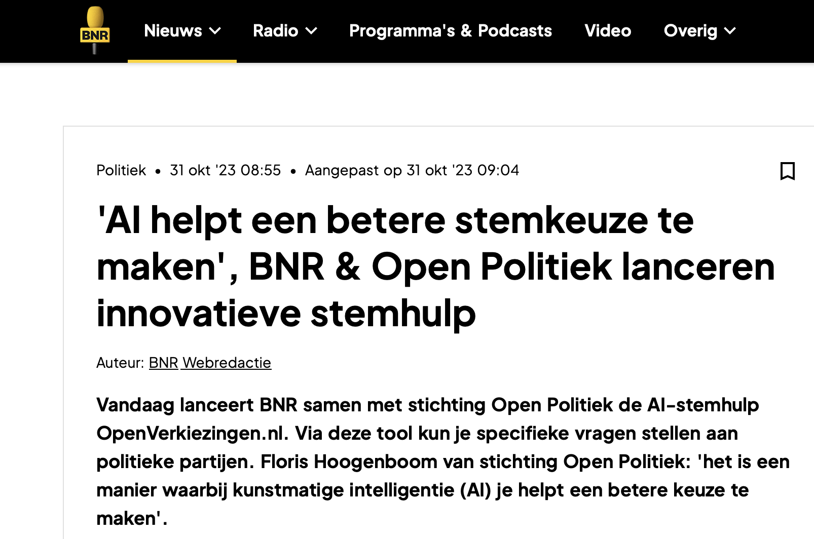 BNR en Stichting Open Politiek lanceren in 2023 samen de AI-stemhulp OpenVerkiezingen.nl